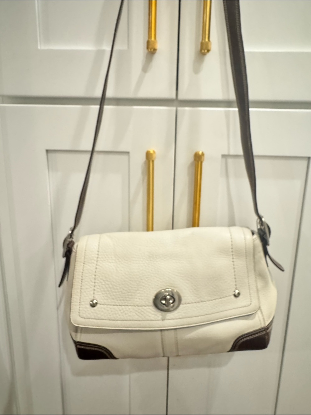 Coach Cream Leather Crossbody Bag with Dark Brown Trim